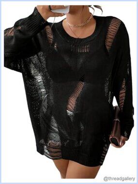Plus Size Ripped Hollow Out Oversized Punk Sweater Crew Neck Long Sleeve